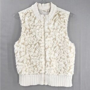 Allison Brittney Women's Faux Fur Sweater Vest Front Zip Ivory Tan Large